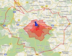 Landkarte mit Einzugsgebiet bei Standortanalyse