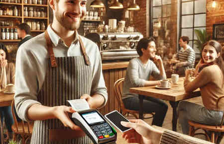 Ein Kunde bezahlt in einem Café mit seinem Smartphone an einem mobilen Kassensystem